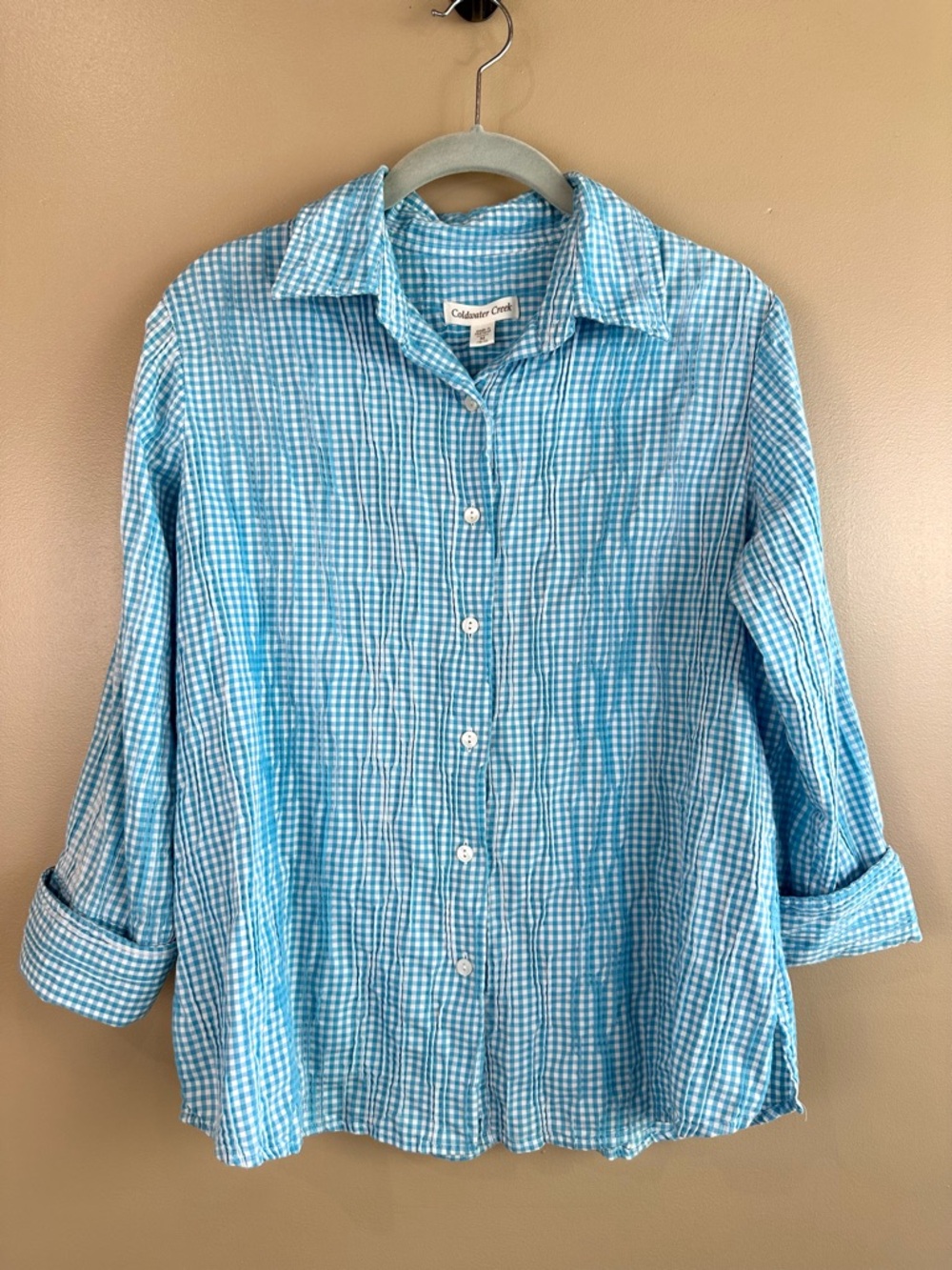 Coldwater Creek Blue & White Gingham Cotton Crinkle Shirt Medium 3/4 Sleeve